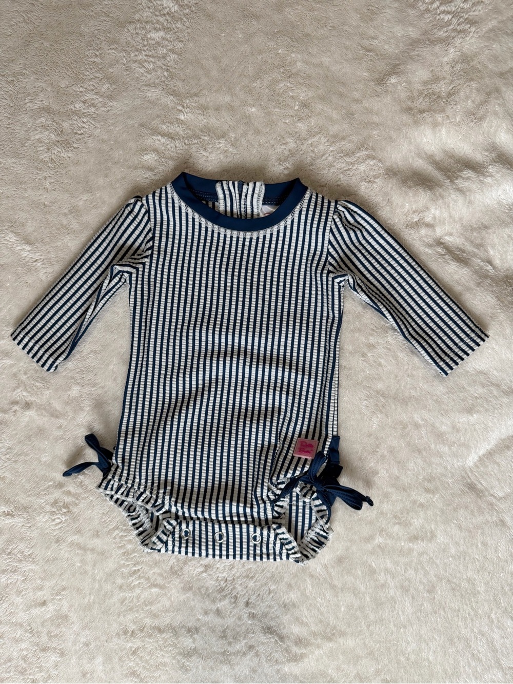 Ruffle Butts Navy & White Striped Long-Sleeve One-Piece Swim